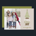 Peace Love and Joy Christmas Tree Green Photo Holiday Card<br><div class="desc">Peace,  Joy and Love | A fun and quirky holiday photo card to give your family and friends. It features a white and greenery stripes pattern Christmas tree and a "Peace,  Love and Joy" quote. Personalize by adding a photo,  family signature,  year and other details.</div>