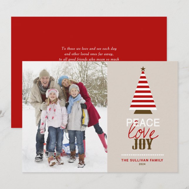 Peace Love and Joy Christmas Tree Red Photo Holiday Card (Front/Back)