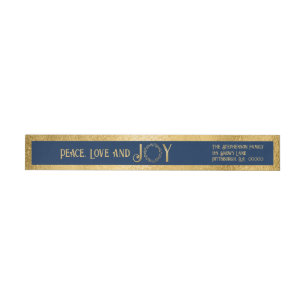 Peace Love and Joy Faux Gold Wreath - Dark Blue Wrap Around Label