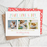 Peace Love and Joy Photo Collage Holiday Card<br><div class="desc">Cute artsy modern Christmas holiday photo card with space for 3 family photos and fun hand lettered typography. Personalize the design with your custom photos and text. Click the "Customize It" button to further customize the text and design. Chic ikat dot pattern on the back with space to add more...</div>