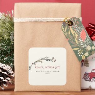 Peace Love and Joy Red Berries Greenery Holiday Square Sticker