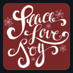 Peace Love and Joy Script Holiday Red Stickers<br><div class="desc">Whimsical holiday sticker featuring handwritten script and snowflakes. Other colours are available.</div>