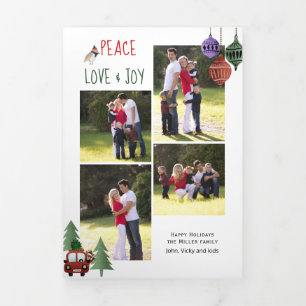 Peace love and joy, trees and ornaments green Tri-Fold holiday card