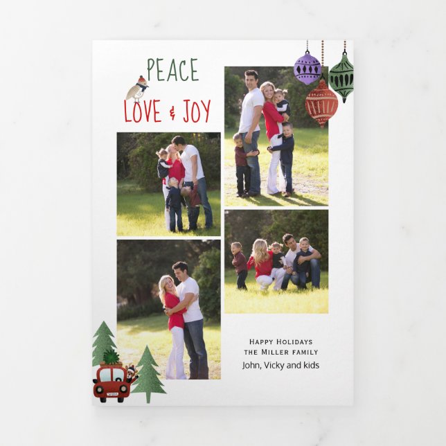 Peace love and joy, trees and ornaments red Tri-Fold holiday card (Cover)