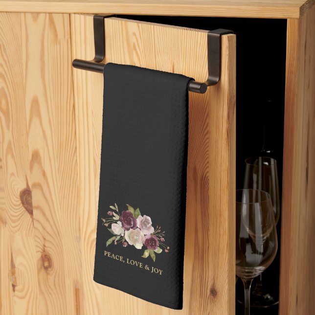 Peace Love and Joy Winter Bouquet Black Holiday Kitchen Towel (Thirds Fold)