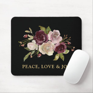 Peace Love and Joy Winter Bouquet Black Holiday Mouse Pad
