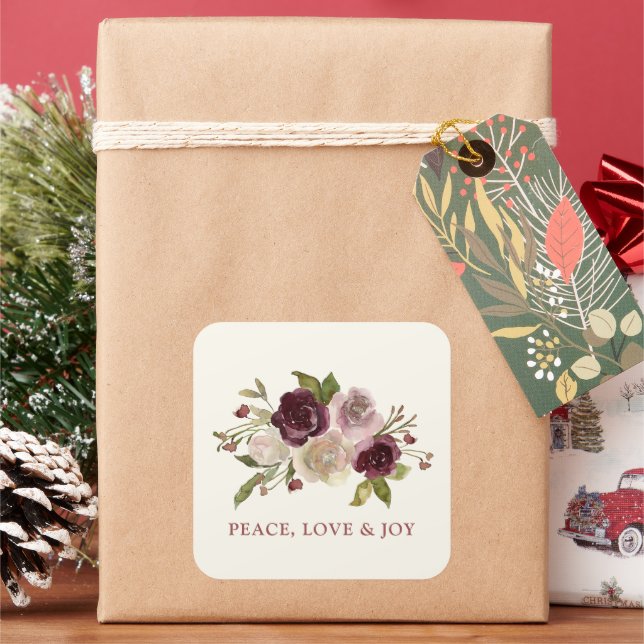 Peace Love and Joy Winter Bouquet Black Holiday Square Sticker (Holiday)