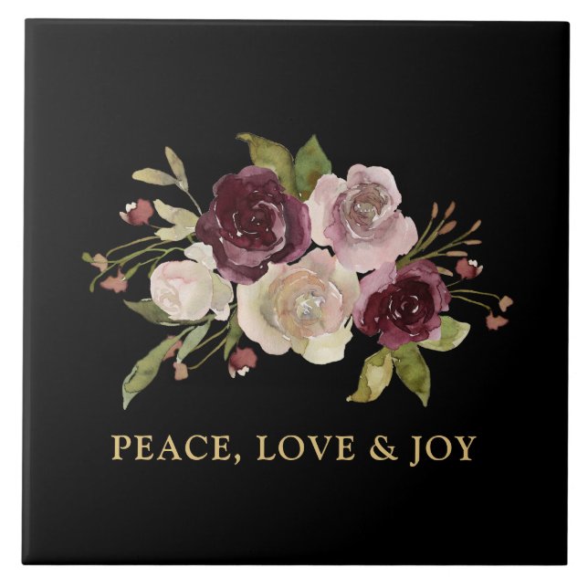 Peace Love and Joy Winter Bouquet Black Holiday Tile (Front)