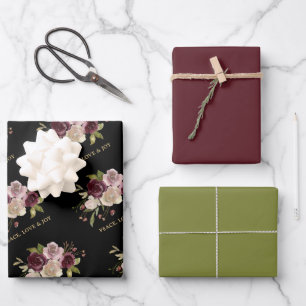 Peace Love and Joy Winter Bouquet Black Holiday Wrapping Paper Sheet
