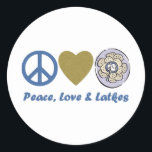Peace, Love and Latkes Hanukkah Tees and Gifts Classic Round Sticker<br><div class="desc">Peace,  Love and Latkes Hanukkah Tees and Gifts</div>