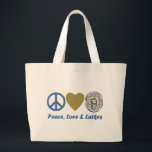 Peace, Love and Latkes Hanukkah Tees and Gifts Large Tote Bag<br><div class="desc">Peace, Love and Latkes Hanukkah Tees and Gifts</div>