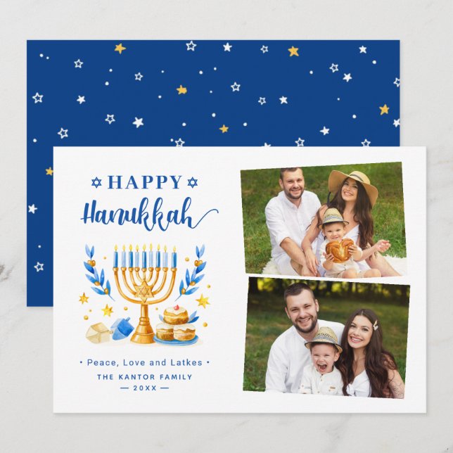 Peace Love and Latkes Happy Hanukkah 2 Photo Holiday Card (Front/Back)