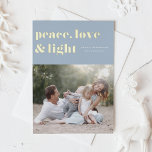 Peace Love and Light Light Blue Hanukkah Photo Foil Holiday Card<br><div class="desc">Peace,  love,  and light. | Send your Hanukkah greetings to family and friends with this customizable Hanukkah card. It features retro bold typography. Personalize this photo Hanukkah card by adding your details. This gold foil Hanukkah card is available in other colours and cardstock. Matching items are also available.</div>