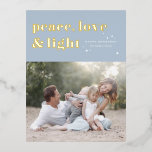Peace Love and Light Light Blue Hanukkah Photo Foil Holiday Postcard<br><div class="desc">Peace,  love,  and light. | Send your Hanukkah greetings to family and friends with this customizable Hanukkah postcard. It features retro bold typography. Personalize this photo Hanukkah postcard by adding your details. This gold foil Hanukkah postcard is available in other colours and cardstock. Matching items are also available.</div>