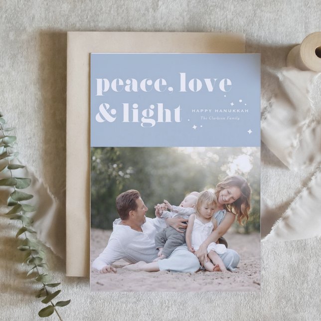 Peace Love and Light Light Blue Hanukkah Photo Holiday Card (Creator Uploaded)