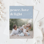 Peace Love and Light Light Blue Hanukkah Photo Holiday Card<br><div class="desc">Peace,  love,  and light. | Send your Hanukkah greetings to family and friends with this customizable Hanukkah card. It features retro bold typography. Personalize this photo Hanukkah card by adding your details. This custom Hanukkah card is available in other colours and cardstock. Matching items are also available.</div>