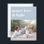 Peace Love and Light Light Blue Hanukkah Photo Holiday Postcard<br><div class="desc">Peace,  love,  and light. | Send your Hanukkah greetings to family and friends with this customizable Hanukkah postcard. It features retro bold typography. Personalize this photo Hanukkah postcard by adding your details. This custom Hanukkah postcard is available in other colours and cardstock. Matching items are also available.</div>
