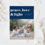 Peace Love and Light Navy Blue Hanukkah Photo Foil Holiday Card<br><div class="desc">Peace,  love,  and light. | Send your Hanukkah greetings to family and friends with this customizable Hanukkah card. It features retro bold typography. Personalize this photo Hanukkah card by adding your details. This silver foil Hanukkah card is available in other colours and cardstock. Matching items are also available.</div>