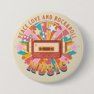 Peace love and rock & roll 3 inch round button