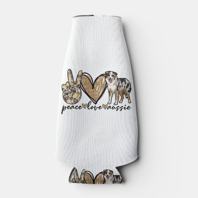 Peace, Love, Aussie, Australian Shepherd Dog, Pets Bottle Cooler (Front)