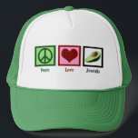 Peace Love Avocado Trucker Hat<br><div class="desc">A pretty peace sign,  heart and a avocado gift. Cute green cap for people who love guacamole.</div>