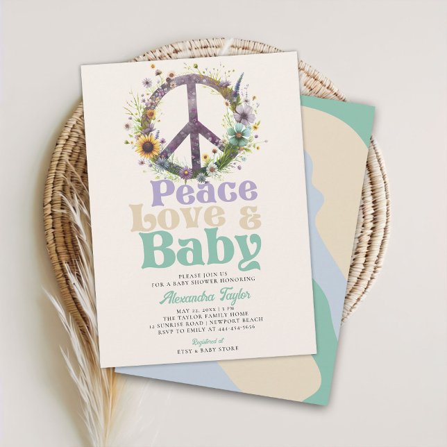 Peace Love Baby Wildflowers Neutral Baby Shower Invitation (peace love baby groovy hippie retro vintage gender neutral shower invitation blue green lilac beige)