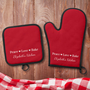 Peace Love Bake Personalized Red Oven Mitt & Pot Holder Set
