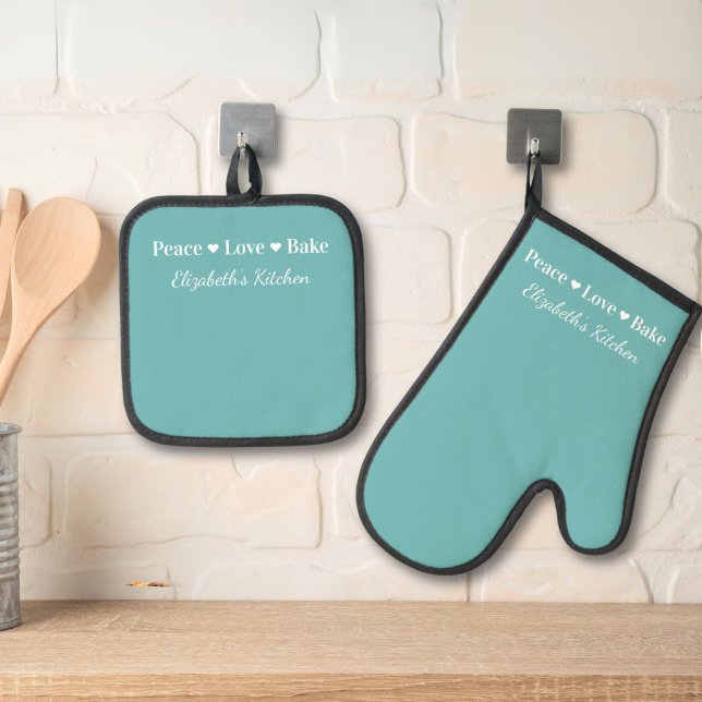 Peace Love Bake Personalized Teal Blue Oven Mitt & Pot Holder Set (Creator Uploaded)