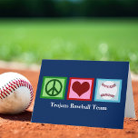 Peace Love Baseball Custom Team Blue Christmas Holiday Card<br><div class="desc">Cute custom little league or baseball team holiday cards. Customize with your team name or school and mascot underneath the green peace sign,  heart,  and baseball. Peace Love Baseball blue Christmas cards.</div>