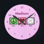 Peace Love Baton Twirling Custom Pink Round Clock<br><div class="desc">A peace sign,  heart,  and twirling batons. Peace Love Twirl personalized clock.</div>