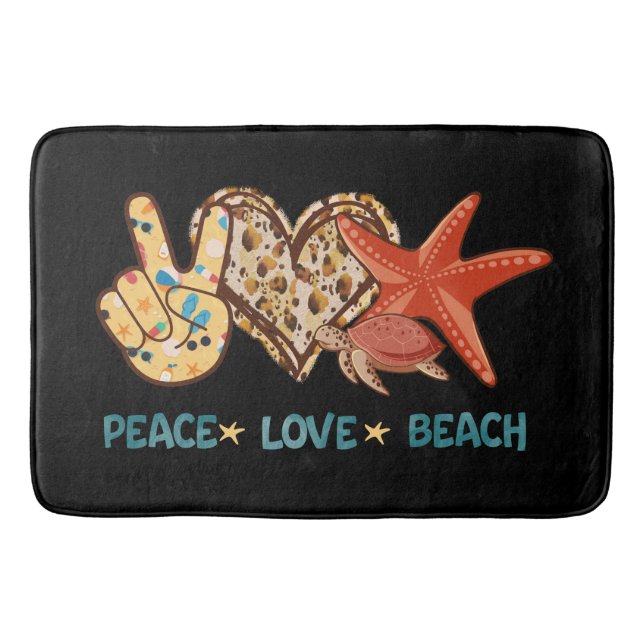 Peace, Love, Beach | Hand-Peace, Heart, Turtle Bath Mat (Front)