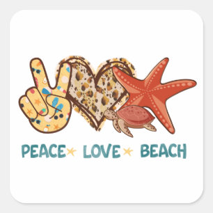 Peace, Love, Beach   Hand-Peace, Heart, Turtle Square Sticker