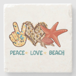 Peace, Love, Beach   Hand-Peace, Heart, Turtle Stone Coaster