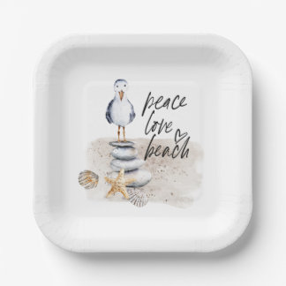 Peace Love Beach Seagull Coastal Paper Plate
