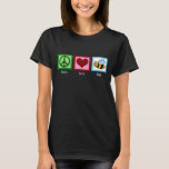 Peace Love Bees Women's Dark T-Shirt<br><div class="desc">A cute bee next to a heart and a peace sign on a bumblebee t-shirt.</div>
