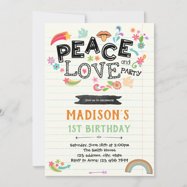 Peace love birthday party invitation (Front)
