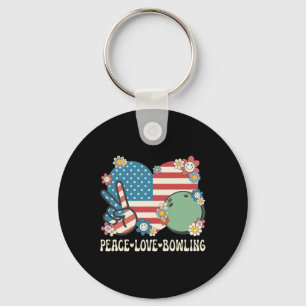 Peace Love Bowling Lover American Flag Patriotic B Keychain