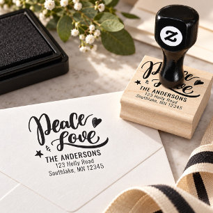 Peace Love Brush Script Holiday Return Address Rubber Stamp