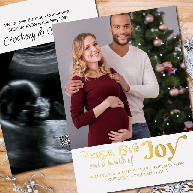 Peace Love Bundle of Joy 2 Photo We're Expecting Foil Holiday Card (Creator Uploaded)