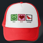 Peace Love Cardinals Trucker Hat<br><div class="desc">A pretty cardinal gift featuring a peace sign, heart, and beautiful red bird. A cute birding gift for a bird watcher that loves beautiful bird watching and collecting cool birds presents. Peace Love Cardinals.</div>