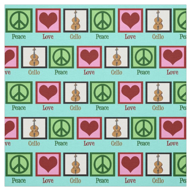 Peace Love Cello Cute Teal Fabric (Swatch)