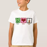 Peace Love Cello Kids T-Shirt<br><div class="desc">A beautiful cello Christmas present for the a child cellist in your life. This Peace Love Cello design features a cute peace sign,  heart,  and the musical instrument,  the cello. A great gift for a string quartet member in an orchestra.</div>