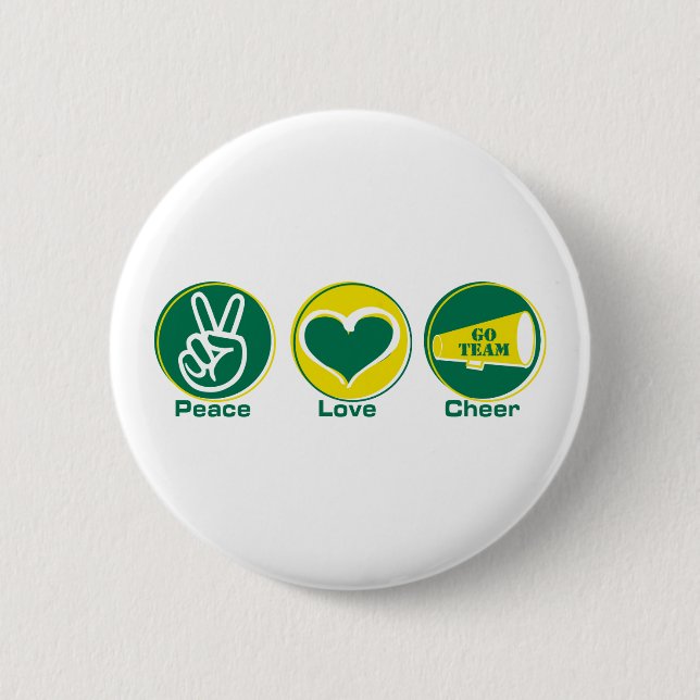 Peace Love Cheer Green/Yellow 2 Inch Round Button (Front)