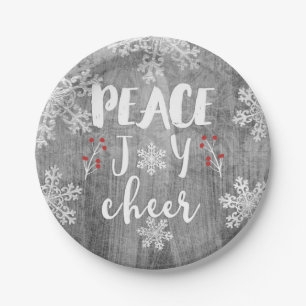 Peace Love Cheer Silver Snowflake Holiday Party Paper Plate