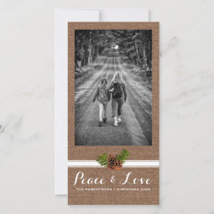 Peace Love Christmas Full Photo Burlap Pinecones Holiday Card