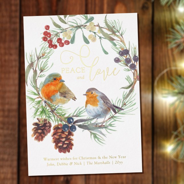 Peace & Love Christmas Robin Pine Wreath Gold Foil Holiday Card (Creator Uploaded)