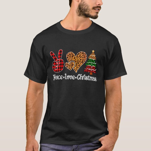 Peace Love Christmas Tree Plaid Leopard Print T-Shirt (Front)