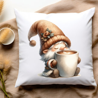"Peace, Love, Coffee" Happy Gnome Drinking Coffee Throw Pillow