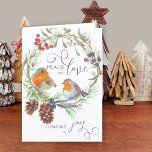 Peace Love Comfort Joy Christmas Wreath Nature Holiday Card<br><div class="desc">Peace and Love, Comfort and Joy personalized christmas card with traditional natural wreath, Christmas robins and elegant calligraphy. This sweet nature themed watercolor design features a pair of red robin, mistletoe, winter berries, pine branches and pine cones. The template is ready for you to add your greeting and personalized text....</div>