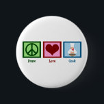 Peace Love Cook 2 Inch Round Button<br><div class="desc">A peace sign,  heart,  and a professional chef cooking a meal.</div>